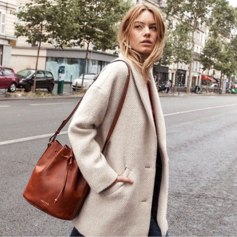 Sezane Farrow Bucket Bag Camel Amber Color
